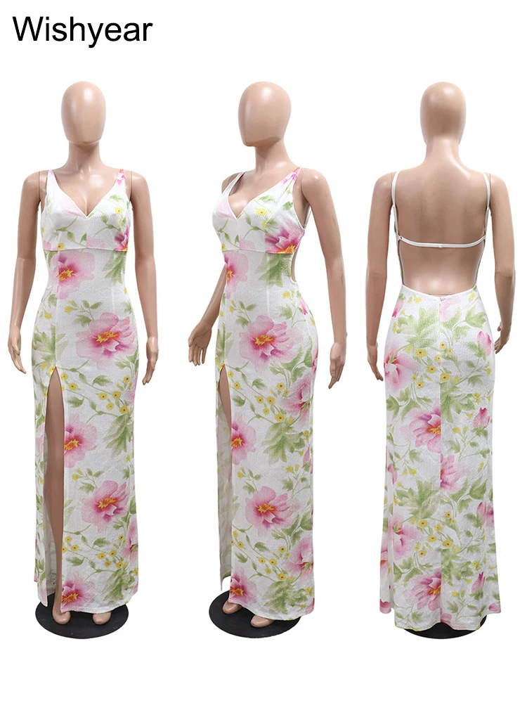 New Flower Print Sequins Spaghetti Strap Sleeveless High Slit Long Dress Woman Sexy Vacation Party Birthday Prom Summer Robe