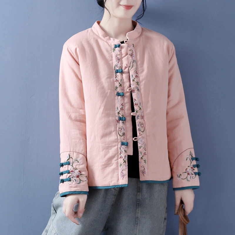 

Pink Cotton Jaet Women's Winter Retro Cotton Linen Sandwich Button Flower Cotton Coat Stand Collar Autumn Ethnic Sle Cott...