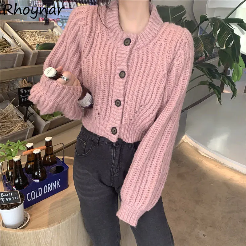 Cropped Sweaters Cardigan Women Chic O-neck Hotsweet Teens Streetwear Lantern Sleeve Pure Harajuku Кардиган Knitwear Baggy Kpop