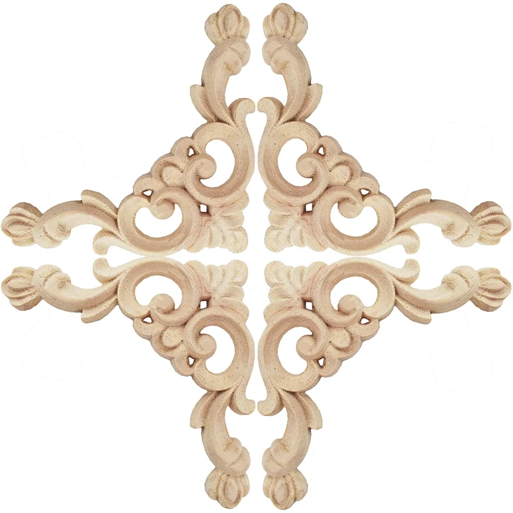 8PCS Natural Classical Ornamental Wood Mouldings Decal Onlay Wood Applique Floral Rose Wooden Accessories Decoration Decal