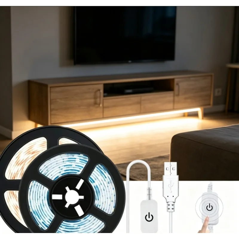 5V USB 2835 LED Strip Light Touch Dimmer Switch Flexible Tape Ribbon DIY Mirror Cabinet Christmas Bedroom Room Backlight Decor