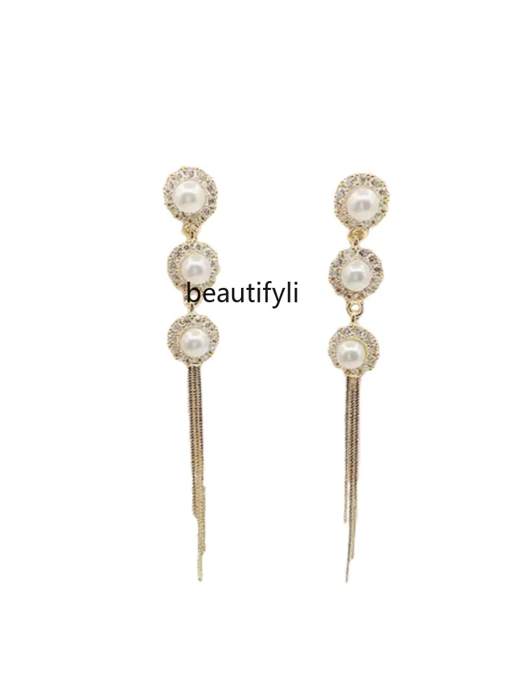 Korean sterling silver needle pearl earrings long fringed earrings design temperament earrings