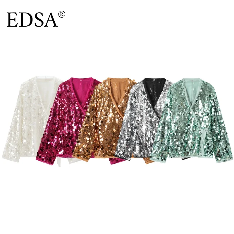 

EDSA женская куртка с блестками и v-образным вырезом в стиле кимоно с длинными рукавами для вечеринки, уличная одежда на шнуровке, модная верхняя одежда