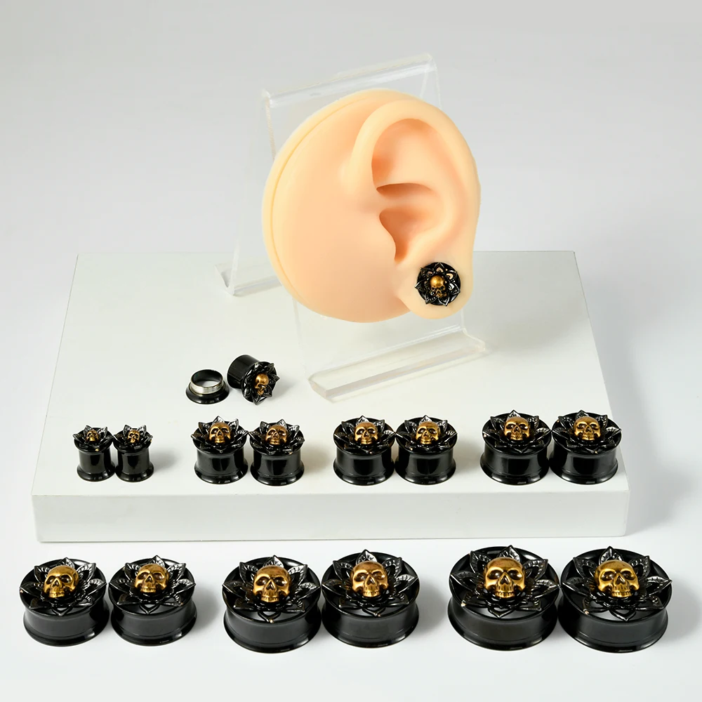 PAIR Stainless Steel Skull Tunnel Plugs Ear Plugs Ear Gauges Expander Tunnels Earlobe Earrings Piercing Jewelry