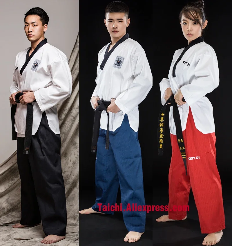

Одежда для тхэквондо для боевых искусств TKD Tae Kwon Do с v-образным вырезом для тренировок по футболу и тренировок, униформа WTF, 160-190 см, красный, черный, синий