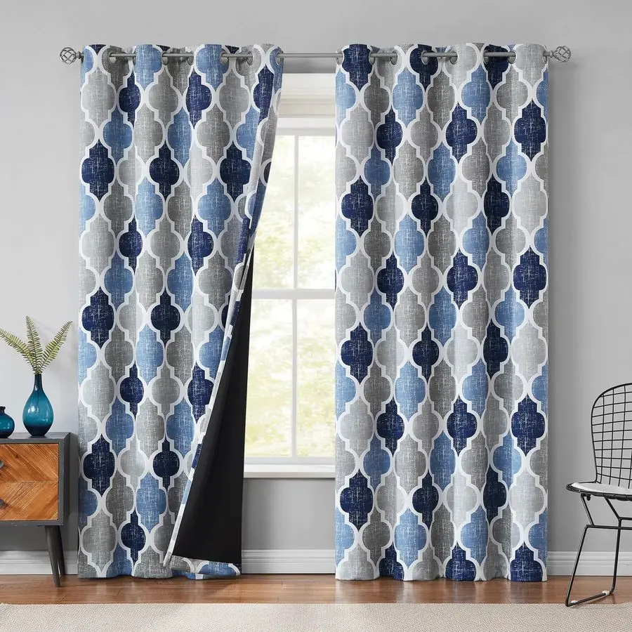

100% светонепроницаемые шторы, 84 дюйма в длину, 2 панели, для спальни и гостиной, сине-серые, в марокканском геометрическом стиле, затемняющие, с термоизоляцией