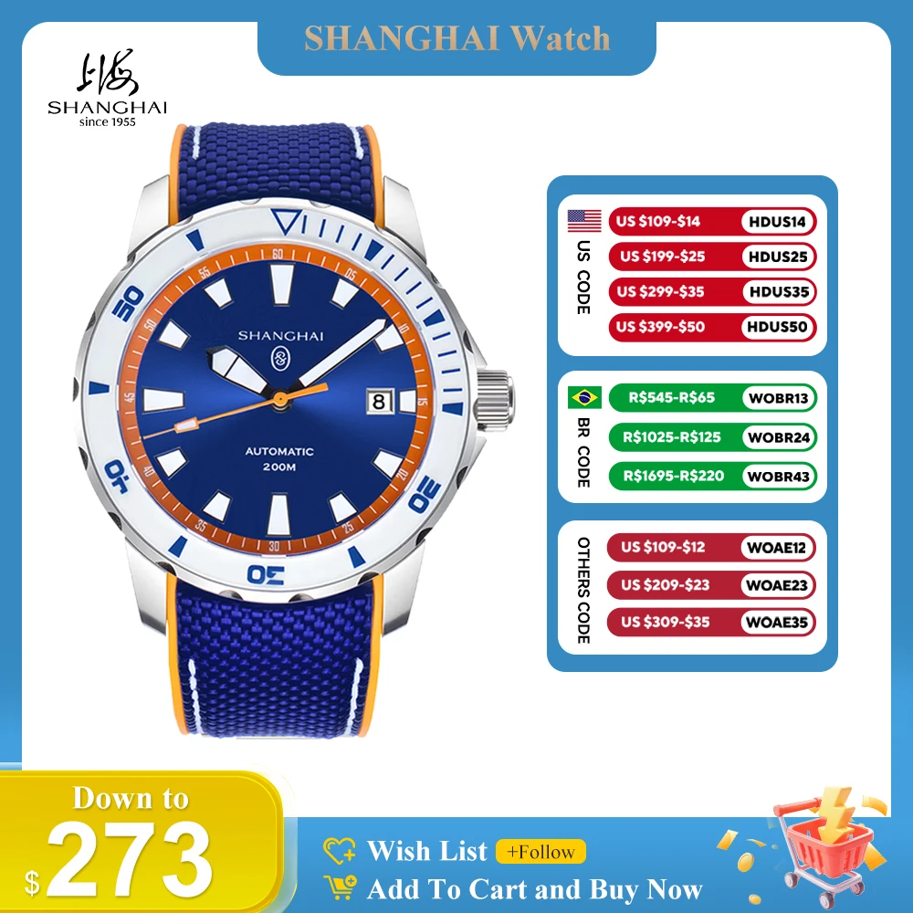SHANGHAI Watch Men's Automatic Mechanical Wristwatch 200m Water-Resistant Dive Watches Luminous Date Display Casual Watch SH024