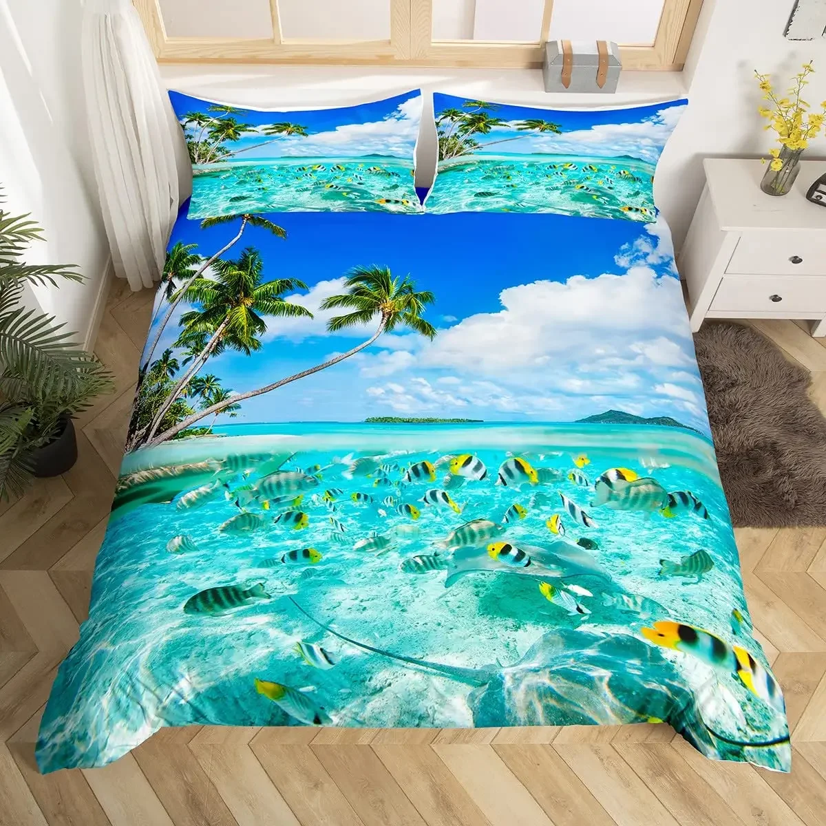 Summer Beach King Queen Duvet Cover Blue Ocean Fish Bedding Set Hawaiian Sea Palm Trees Quilt Cover Marine Life Comforter Cover