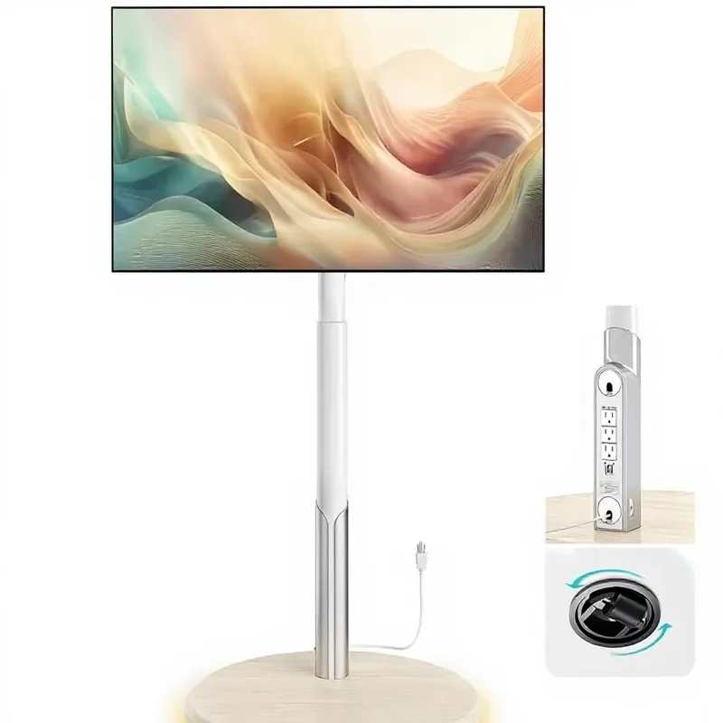Floor Mobile TV Stand Power Outlet Rolling Cart 27-65 Inch OLED LED Monitors 6 Levels Height Adjustment Ambient Lighting