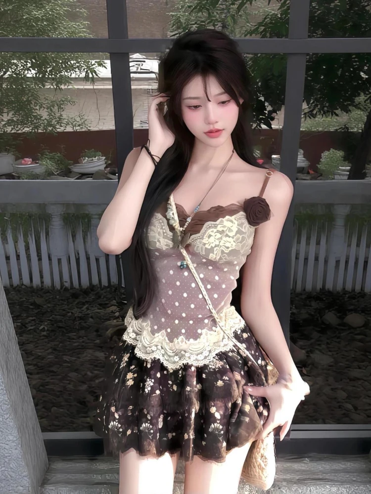 New Vintage Hottie Women's 2 Piece Sets Y2k Lace Polka Dot Tops + Printed Mini Skirt Harajuku Female Korean Popular Clothes 2025