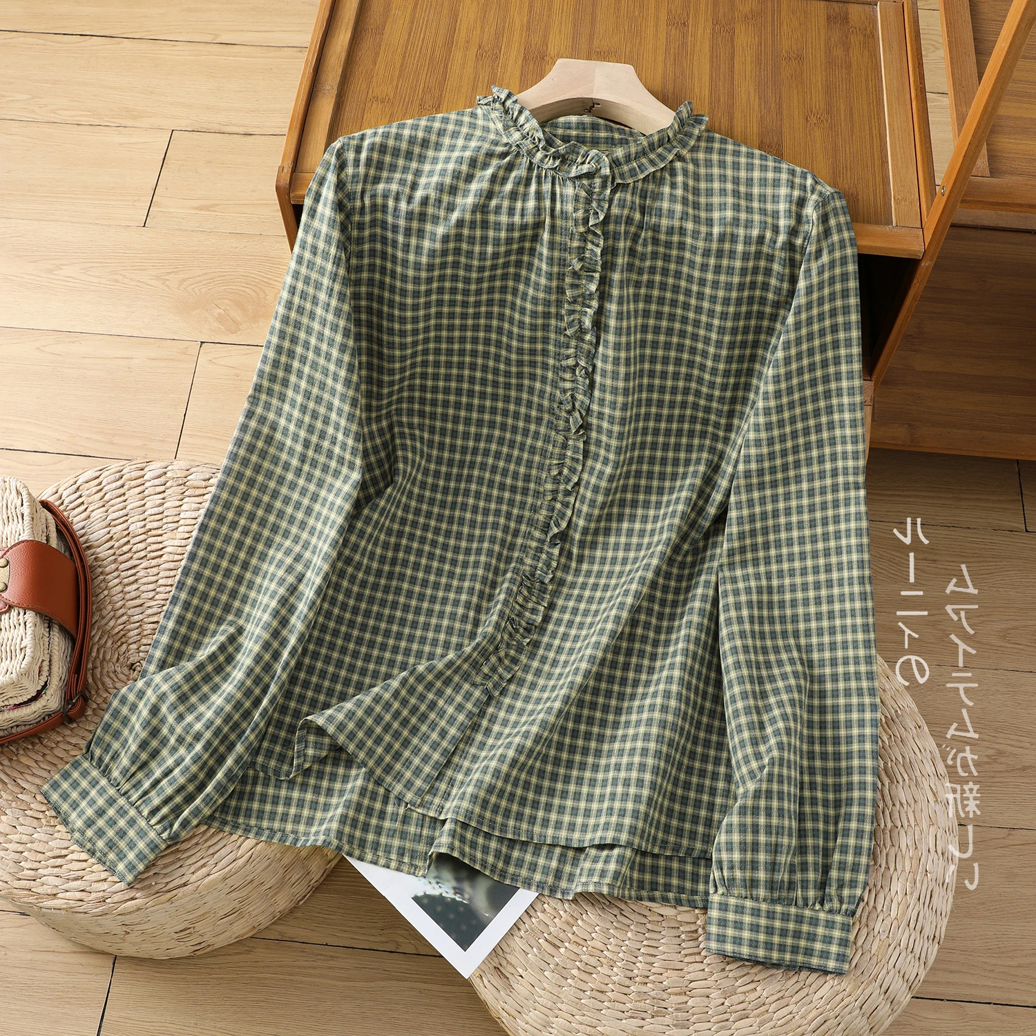 

Large Size Green Plaid Cotton Shirt Women's Casual Style Spring Autumn New Fashion Wooden Pure Cotton Blouse