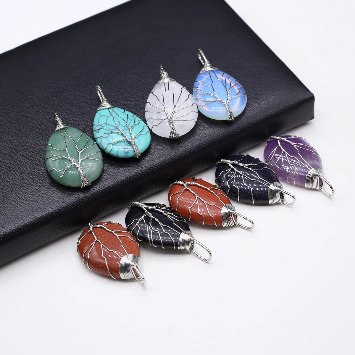 

10PCS Wholesale Natural Stones Water Droplet Shape Life Tree Pendant Amethyst Agate Turquoise Jewelry Making DIY Necklace Gift