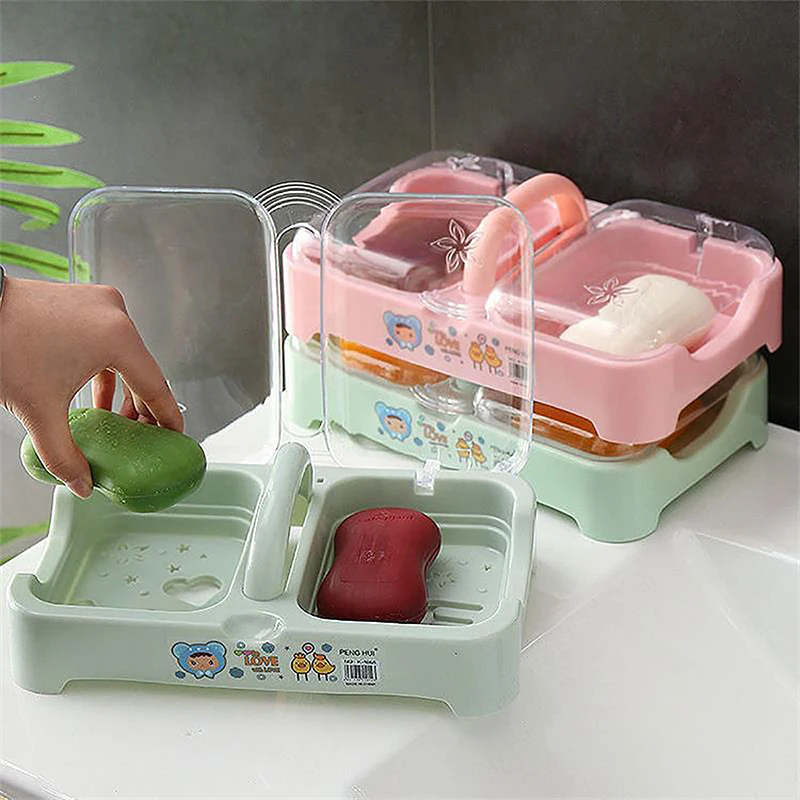 Bathroom Portable Flip-top Double Compartment Soap Box Drain Soap Box With Lid Home Soap Box Laundry Soap Racks Soap Storage Box