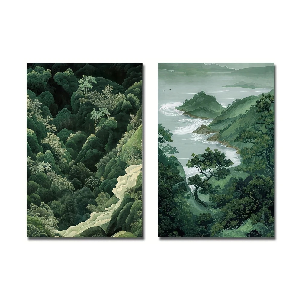 Conjunto de 2 Quadros Modernos em Tela de Montanha Verde, Arte de Parede Minimalista Wabi-Sabi Japonesa sem Moldura para Decoração de Sala de Estar