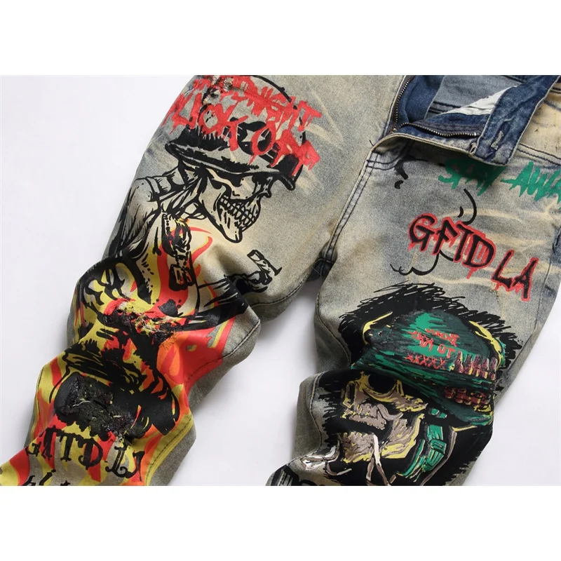 Fashion trend High Street printed jeans men's slim-fitting cool street stretch pencil pants slim fit ankle tight trousers