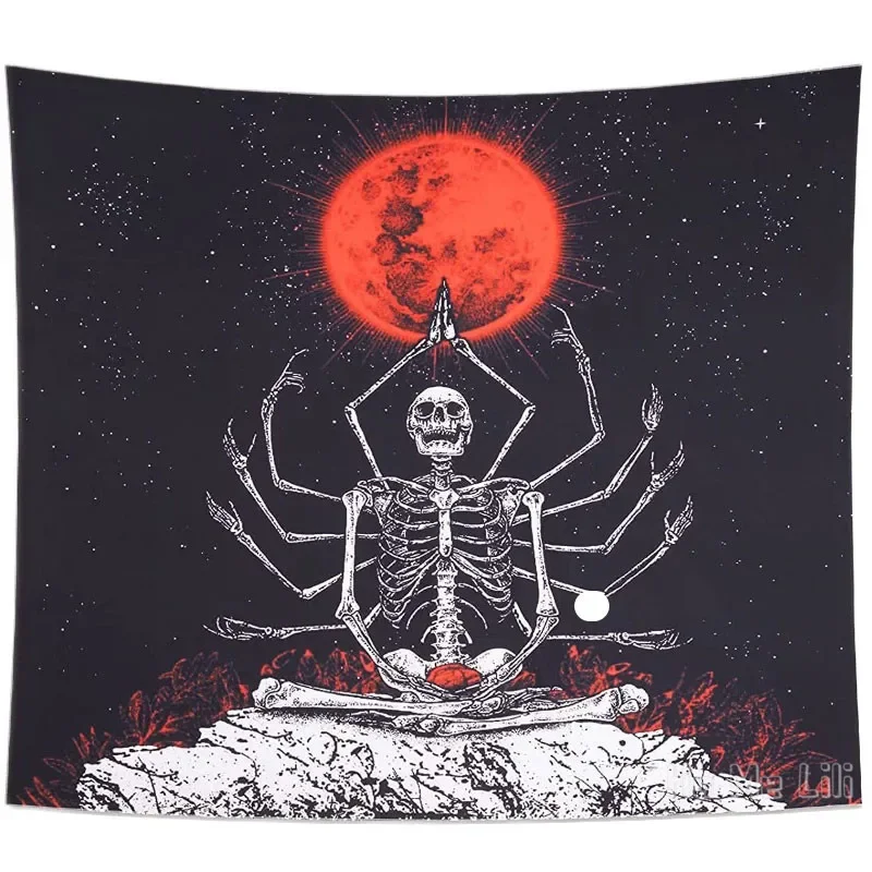 Black And White Meditation Skull Wall Hanging Blood Moon Skeleton Cool Fantasy By Ho Me Lili Tapestry For Room Home Decor