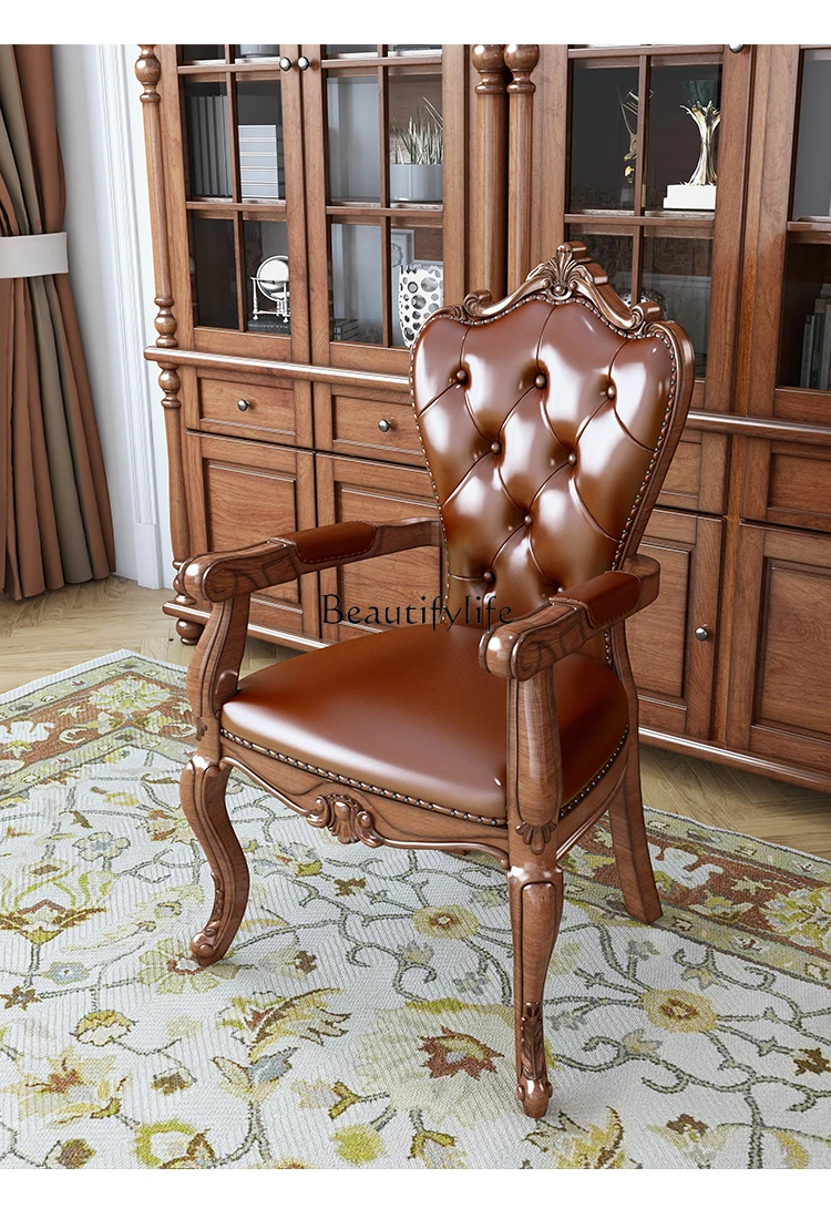 

American Style Solid Wood Office Armchair with Backrest, Dining Table Leisure Genuine Leather Computer Chair, Comfortable