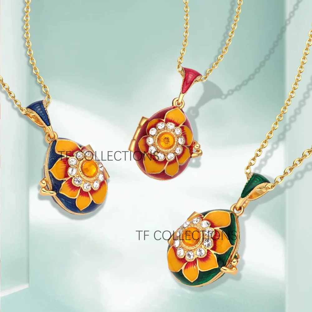 YAFFIL Elegance Egg Pendant Enamel Jewelry Locket Sun Flower Crystal Rhinestone Necklace With Heart Charm Inside Women Gift