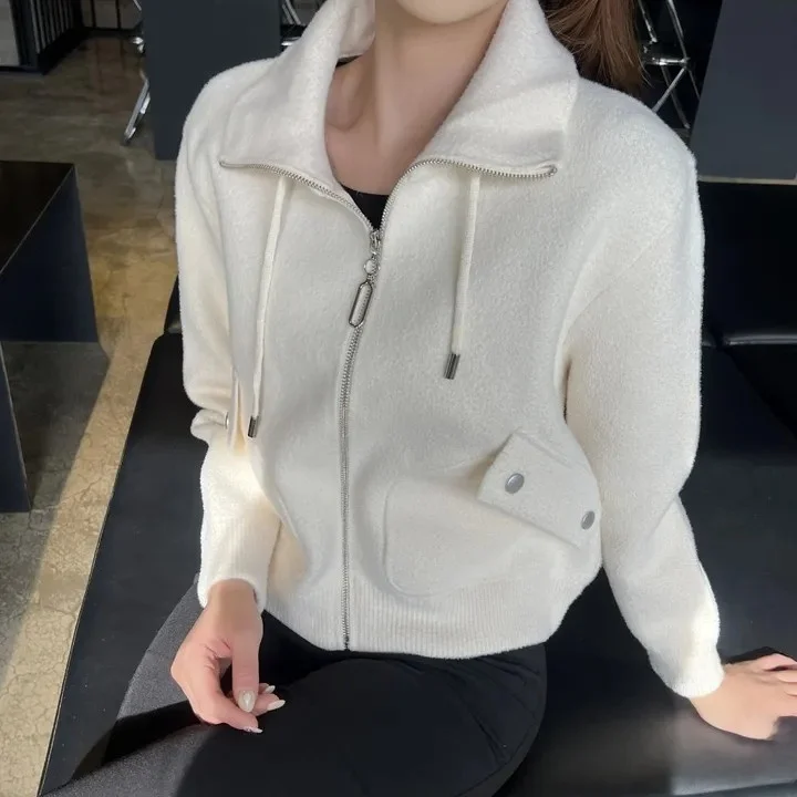 

Women's Autumn Winter Double-sided Woolen Coat Casual Zipper High Collar Loose Fit Soft Outerwear Korean Sle Lazy Faion