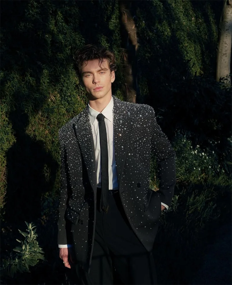 

Black Beaded Men Suit Set 2 Pieces Blazer+Pants Trousers Formal Office Coat Autumn Fall Groom Wedding Tuxedo Customized Jacket