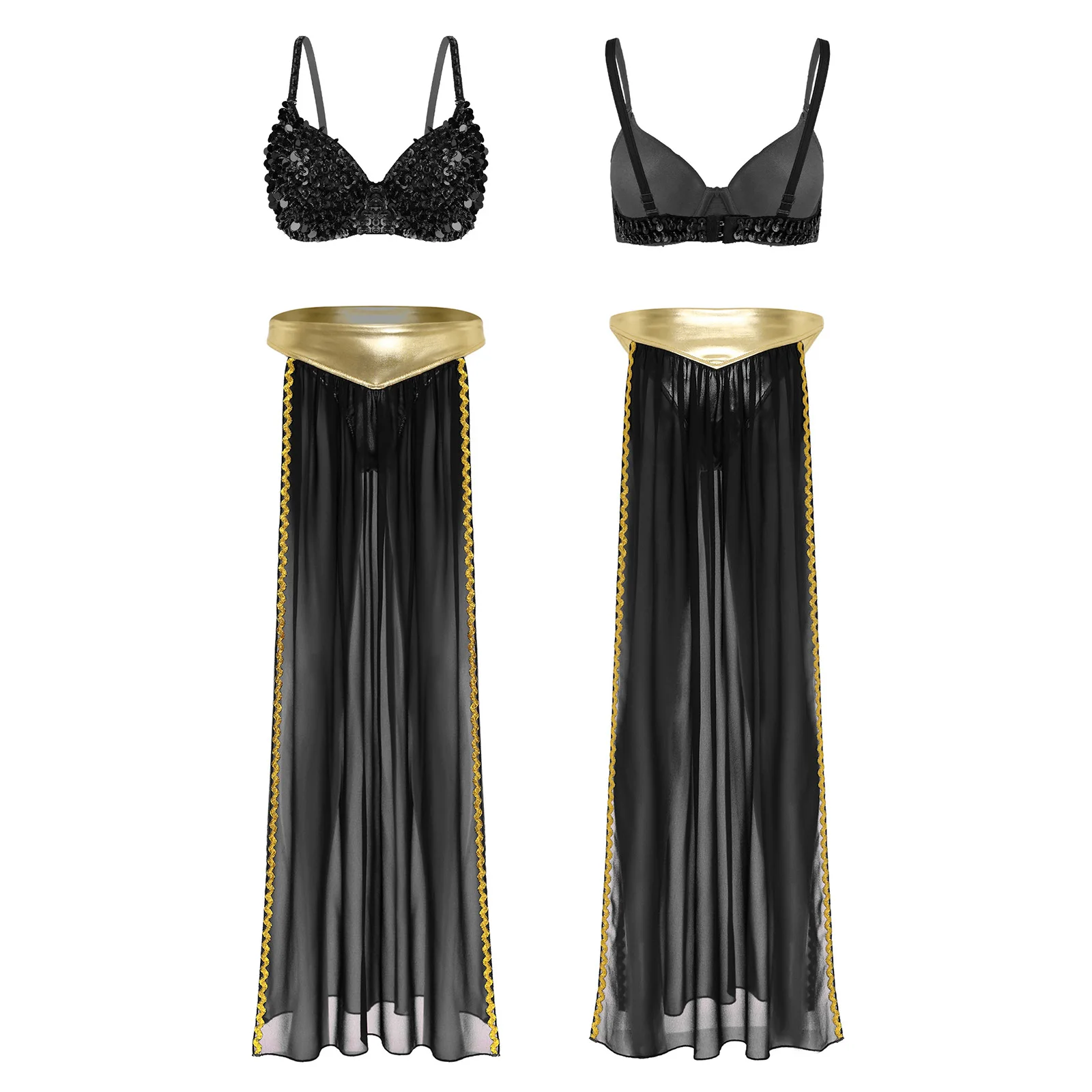 

Women Sissy Belly Dance Set Push-up Bra Top And Both Side Split Chiffon Skirt for Party Raves Belly Dan Performance Outfits