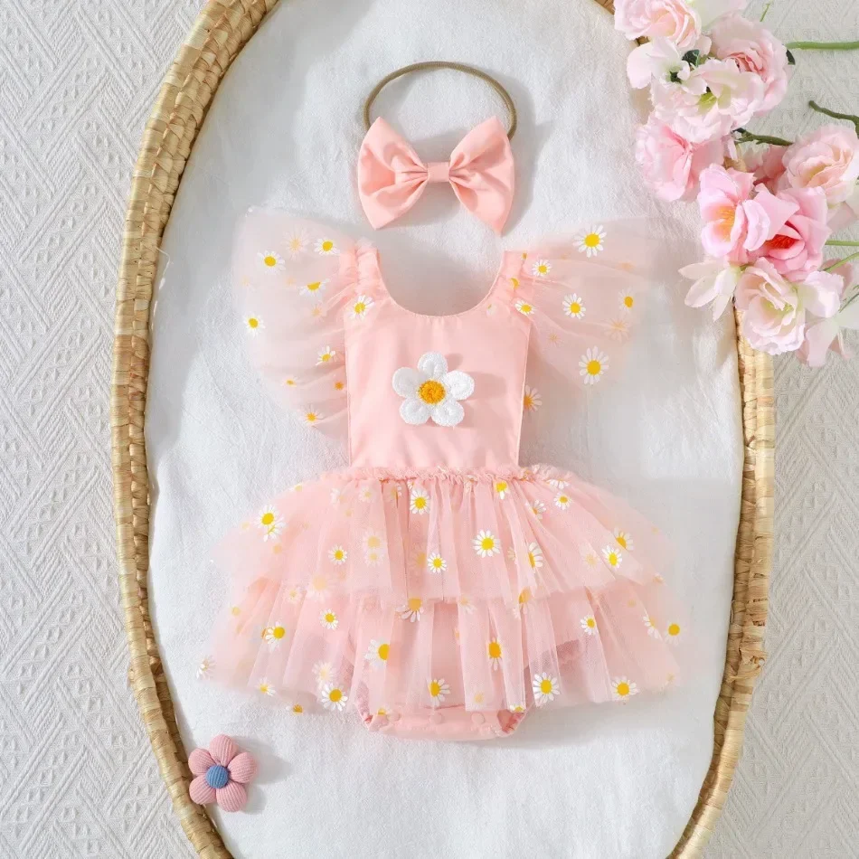 Baby Girl Daisy Tutu Romper Sleeveless Tulle Skirt Bodysuit with Bow Headband Summer Newborn Outfit Flower Girl Outfit ZYD47