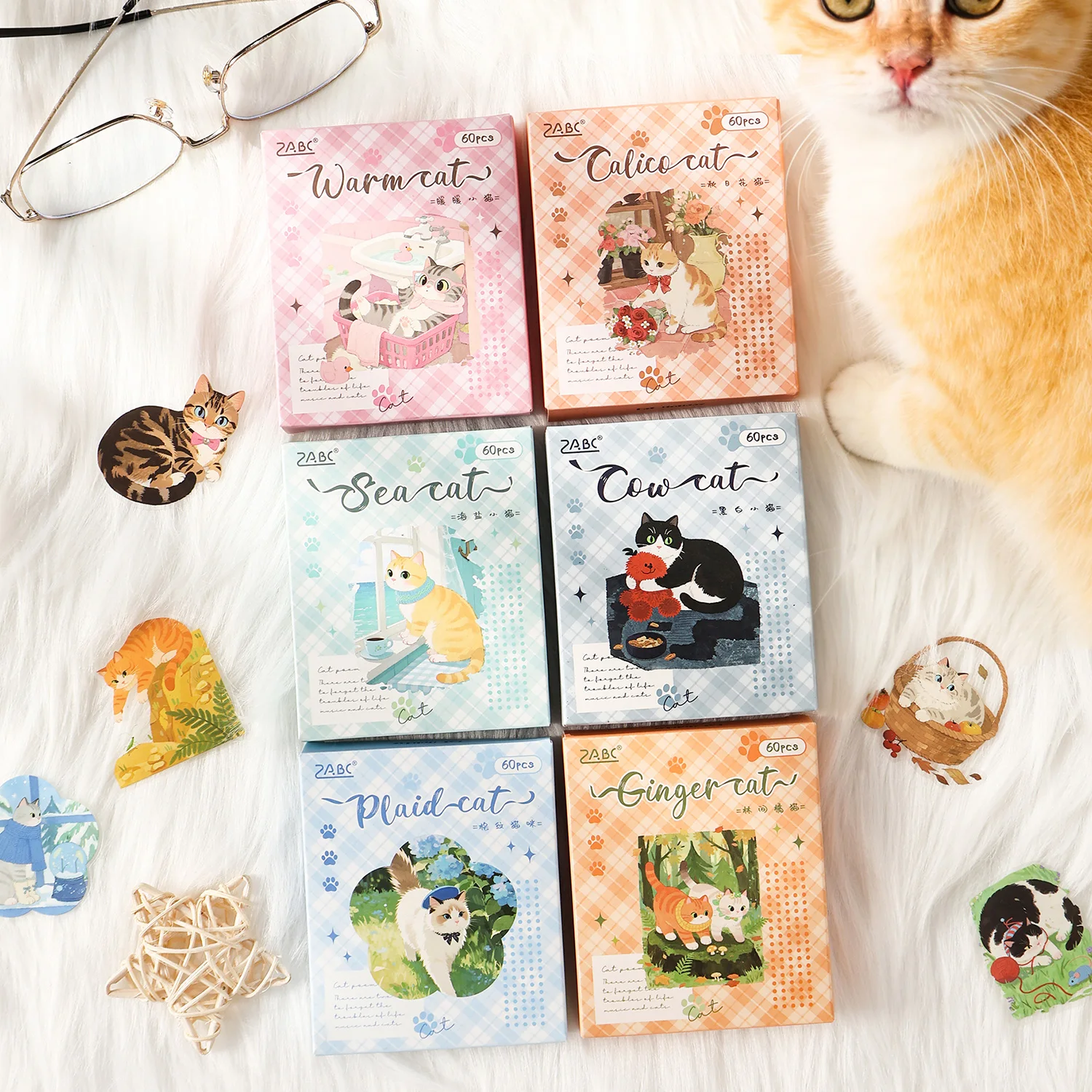 60PCS PET Kawaii Cat Series Stickers Cute Multi-Breed Decor for Journal Scrapbooking