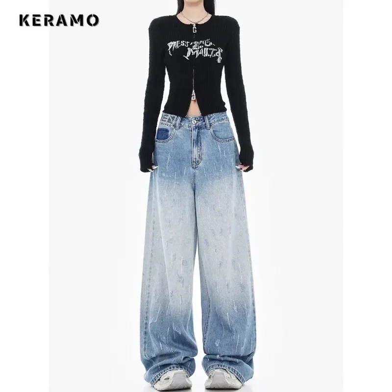 Korean Sweet High Waist Graident Color Jeans Baggy Y2K Wide Leg Grunge Street Vintage Denim Trouser Women's Casual 2000s Pants