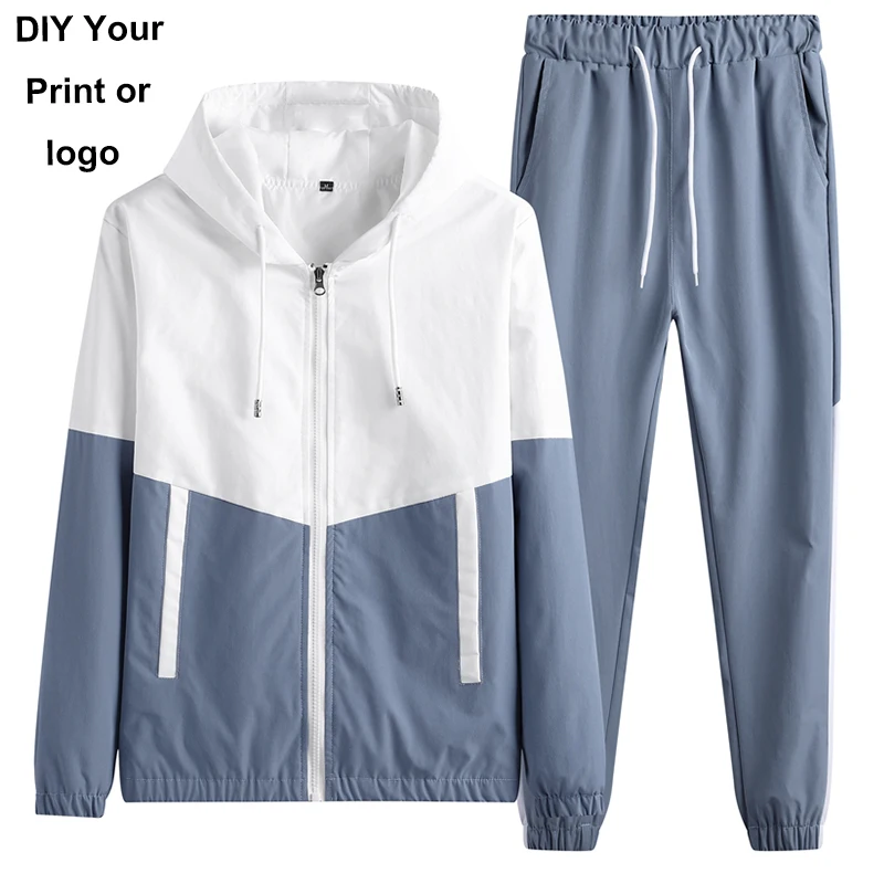 Men Logo Customized Tracksuit Casual Joggers Hooded Sportswear Jackets and Pants 2 Piece Sets Hip Hop Running Sports Suit