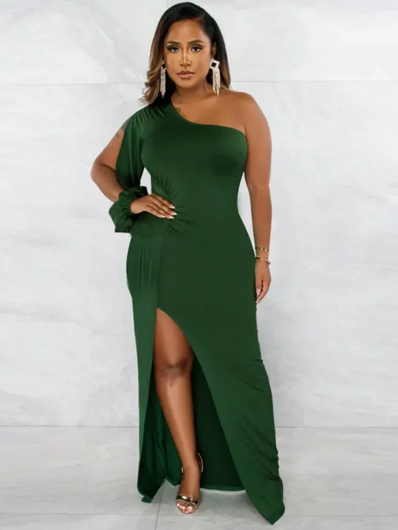 KEXU-Vestido largo ajustado de manga larga con cuello oblicuo, vestido Sexy con abertura lateral alta para fiesta nocturna, ropa de discoteca, vestidos largos para mujer