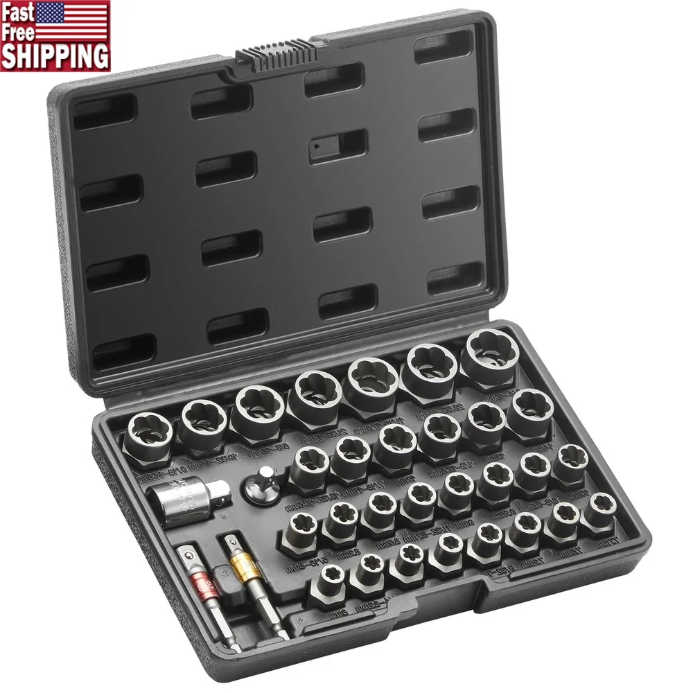 

Набор экстракторов для болтов из 29 предметов, очищенные гайки и болты из стали Cr-Mo, легко снимается, водонепроницаемый чехол, совместимый с электроинструментами