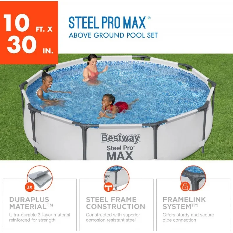 10 Foot x 30 Inch Round Metal Frame Above Ground Outdoor Backyard Swimming Pool Set with 330 GPH Filter Pump