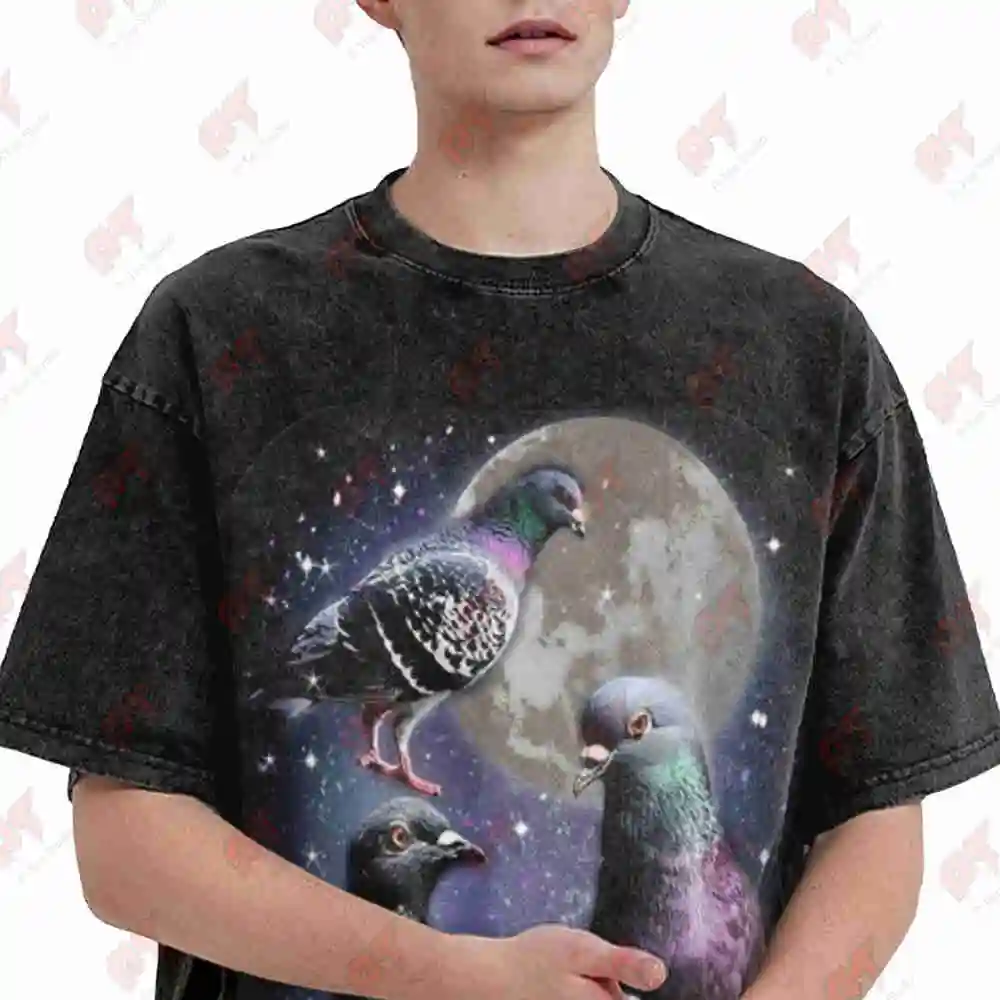 Three Pigeons Retro Howling At The Moon Vintage Washed Tee Pure Cotton T-Shirt