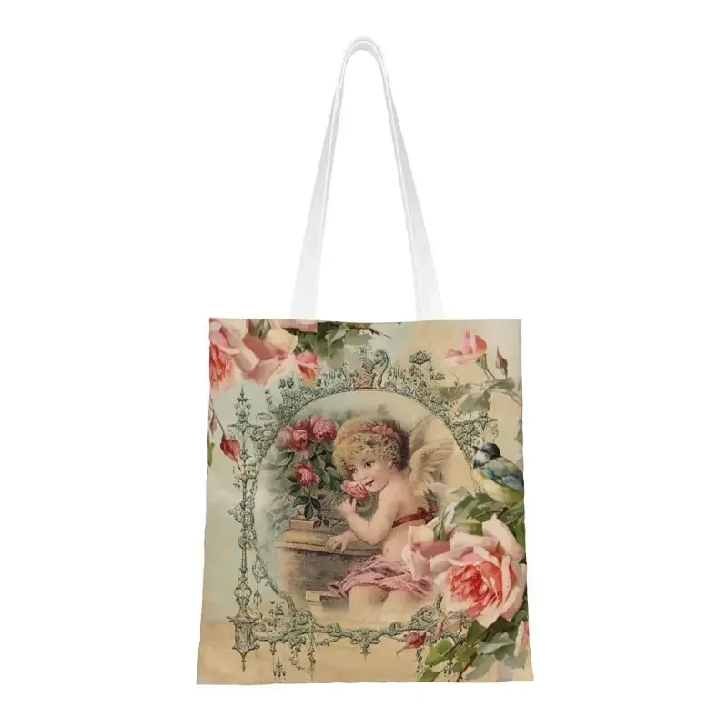 Cute Victorian Angel Print And Pink Vintage Roses Shopping Tote Bags Reusable Grocery Canvas Shopper Shoulder Bag