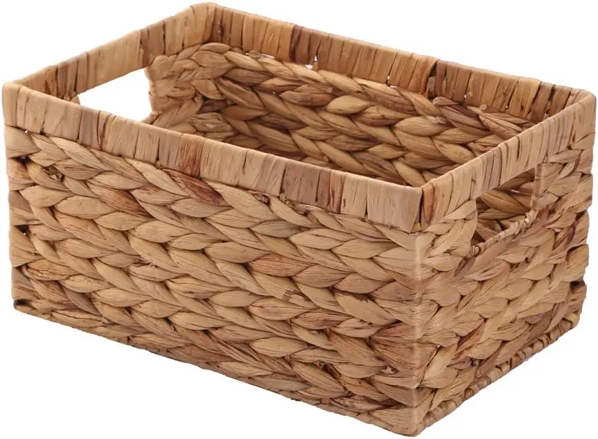 Handwoven Water Hyacinth Rectangular Storage Basket with Inside Handle, Large Size for Home Organization