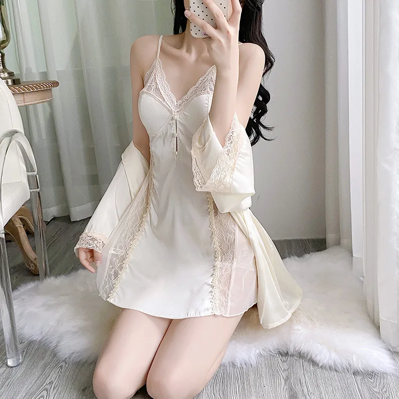 Tweedelige set satijnen zijden pyjama's voor dames effen kleur kanten rand sexy gewaden jarretel nachtkleding jurk