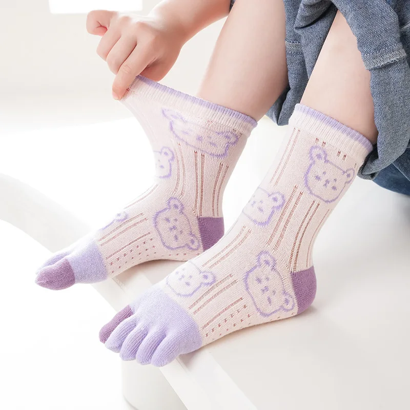 3 Pairs Summer Toe Socks Girls Boys Cute Cartoon Bear Silk Thin Five Finger Socks Kids Children Crew Socks Middle Tube