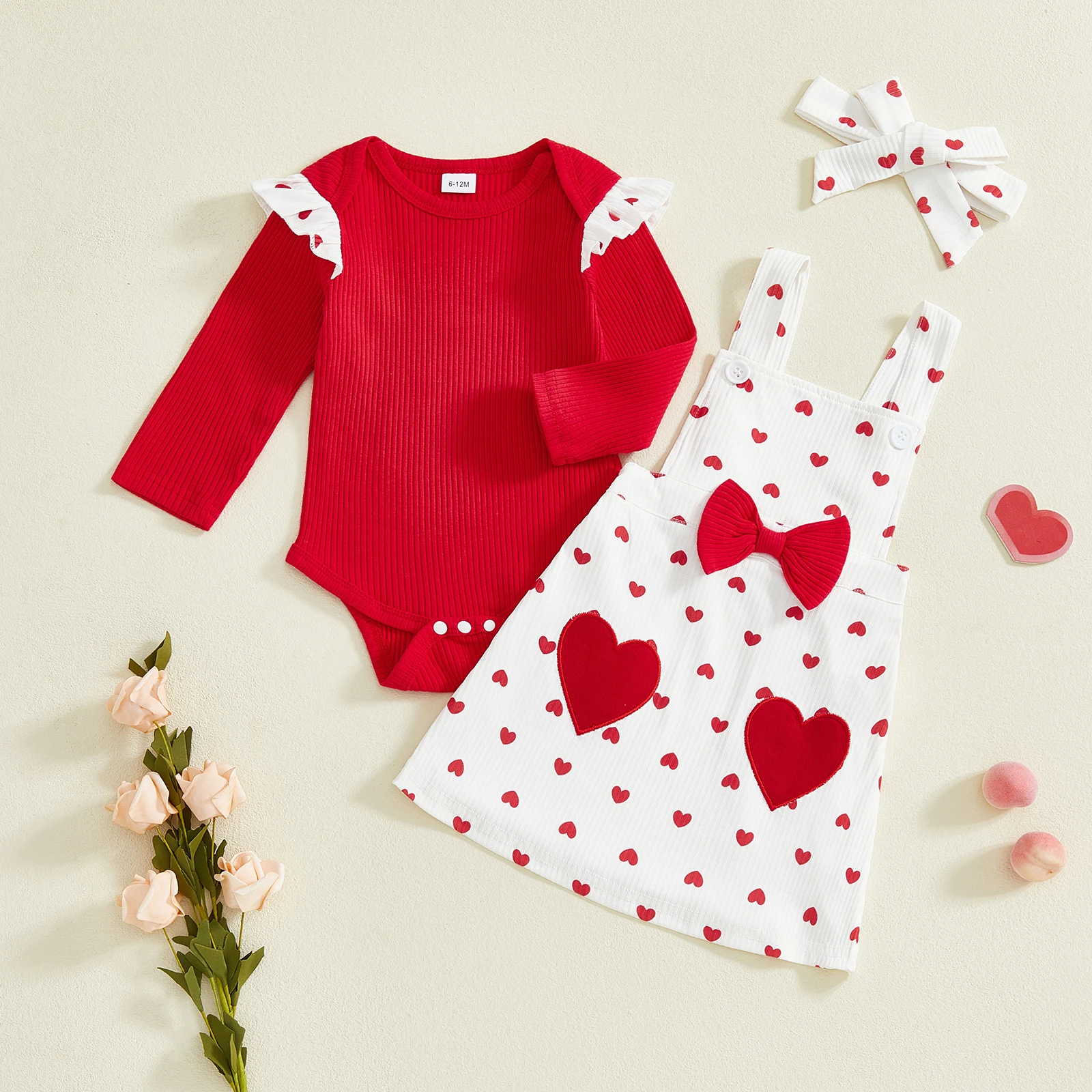 

Baby Girl Valentine's Day Outfit Ribbed Long Sleeve Romper Heart Embroidery Overall Skirt Headband Set