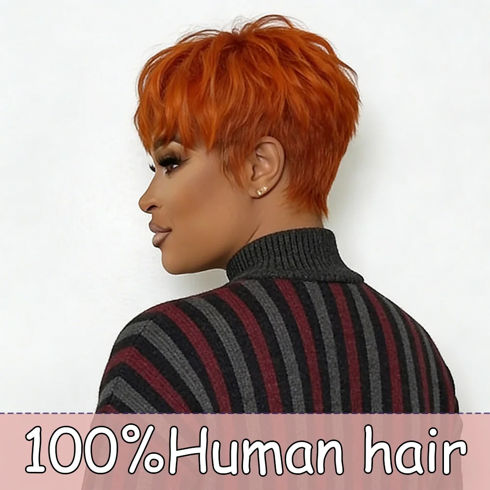 

Orange #350 Short Straight Pixie Cut Wigs Human Hair 100% Natural Realistic Full Machine Made With Bangs For Women