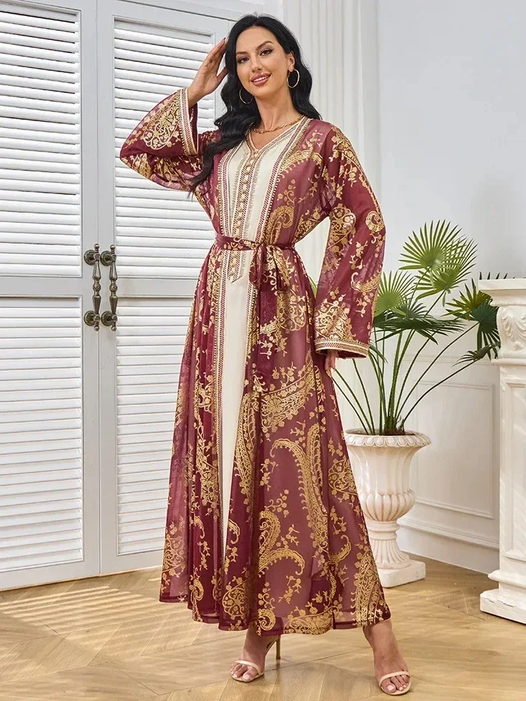 Two Piece Dress Women Muslim Party Dresses Jalabiya Sashes Ramadan Dubai Abayas Eid Vestidos Morocco Kaftan Arab Long Robe