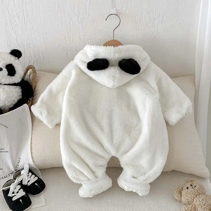 Newborn Baby Romper 2024 Autumn Winter Clothing Cashmere Warm Infants Boys Girl Jumpsuits Cute Panda Hooded Toddler Bodysuit