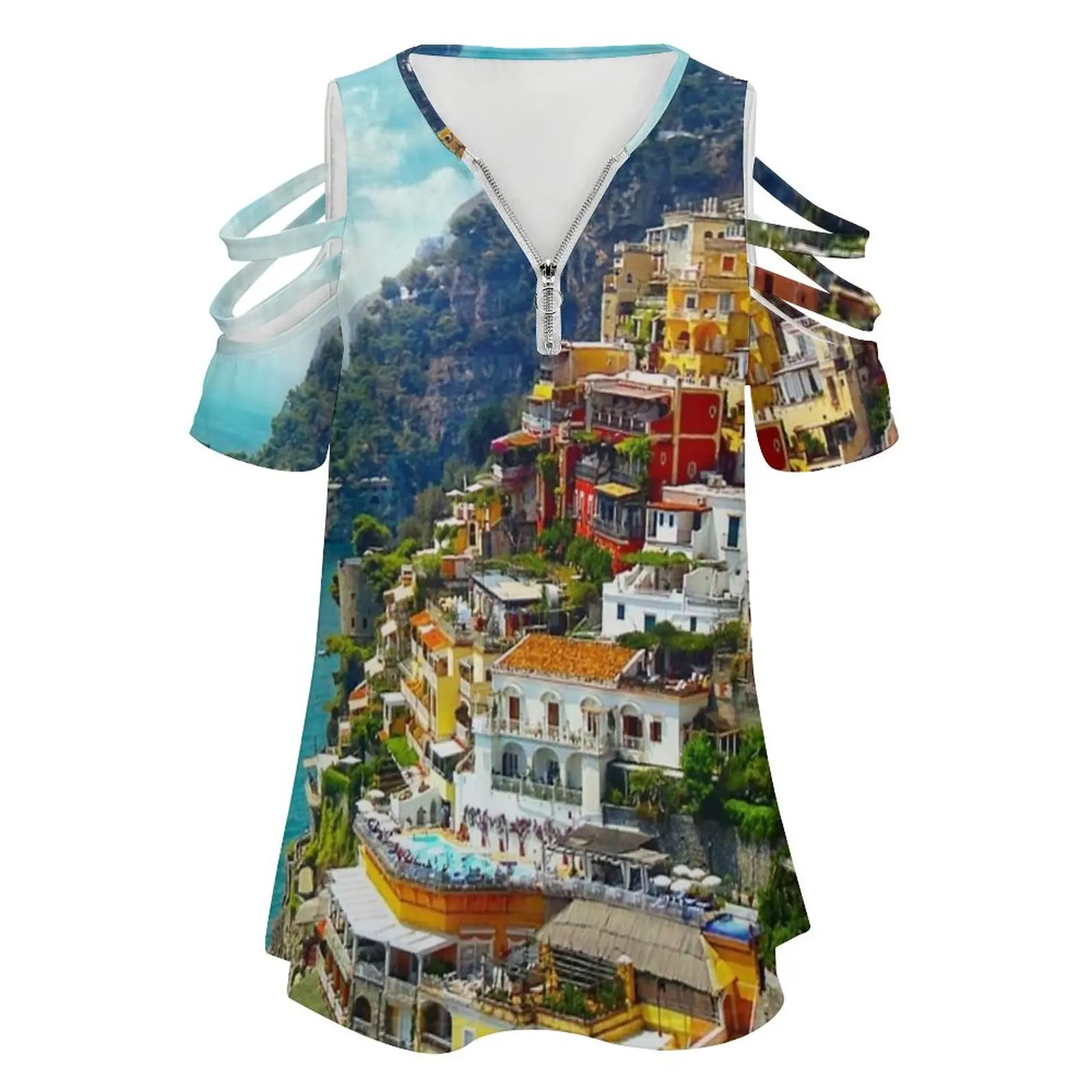 Positano Travel Photography New Fashion Zip Off Shoulder Top Short-Sleeve Women Shirt Positano Travel Photography Positano