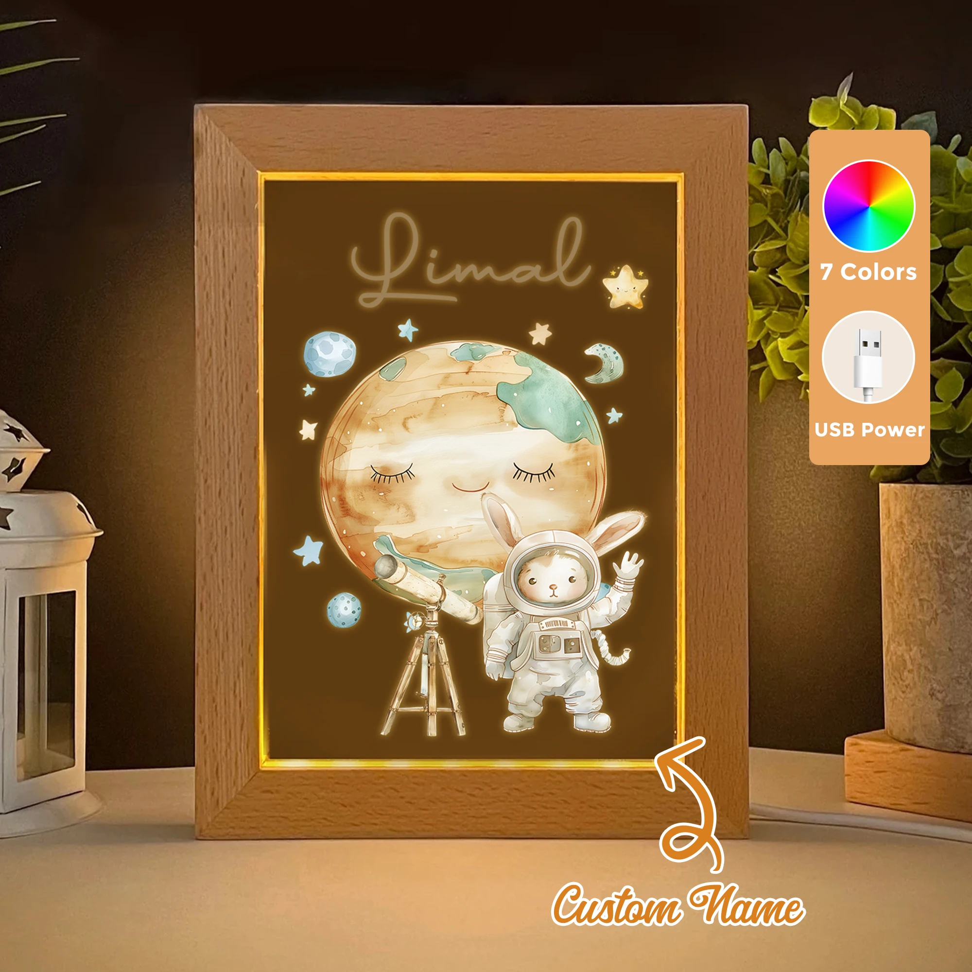 

2D Flat Custom Name Bunny Astronaut LED Acrylic Night Light Wood Photo Frame 21x17cm Cartoon Children Bedroom Gifts Home Decor