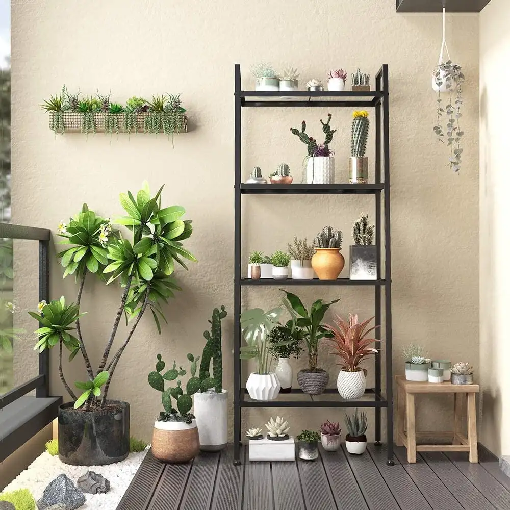 

4 Tier Metal Leaning Ladder Shelf Bookcase Bookshelf Storage Shelves Unit Black