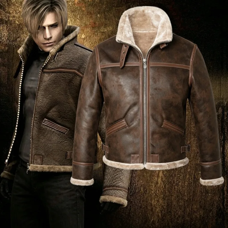 Chaqueta de cuero para disfraz de cosplay de Leon Kennedy, de Resident Evil 4, ideal para hombres, para usar en el otoño e invierno, en eventos y convenciones.
