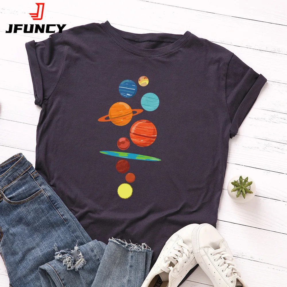 JFUNCY Women T Shirt New Planet Print T-shirts Female Short Sleeve Cotton Tees Tops Woman Summer Tshirt