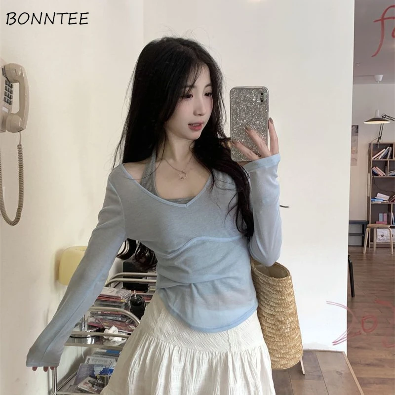 Women Sets Long Sleeve Casual T-shirts Light Transparent V-neck Summer Camis Sunscreen Tender All-match Sexy Aesthetic Concise