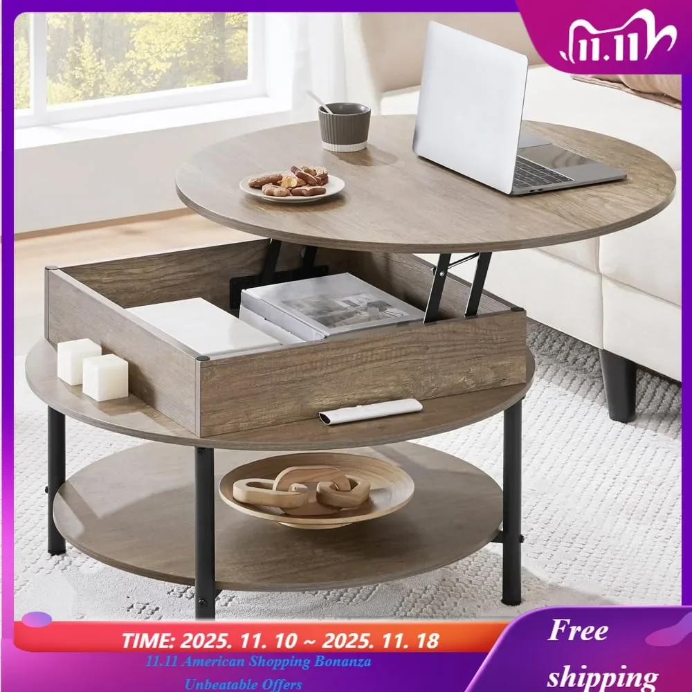 

Круглый журнальный столик с подъемной столешницей, скрытым отсеком и полкой для хранения, 31 дюйм, в стиле фермерский дом, на заказ