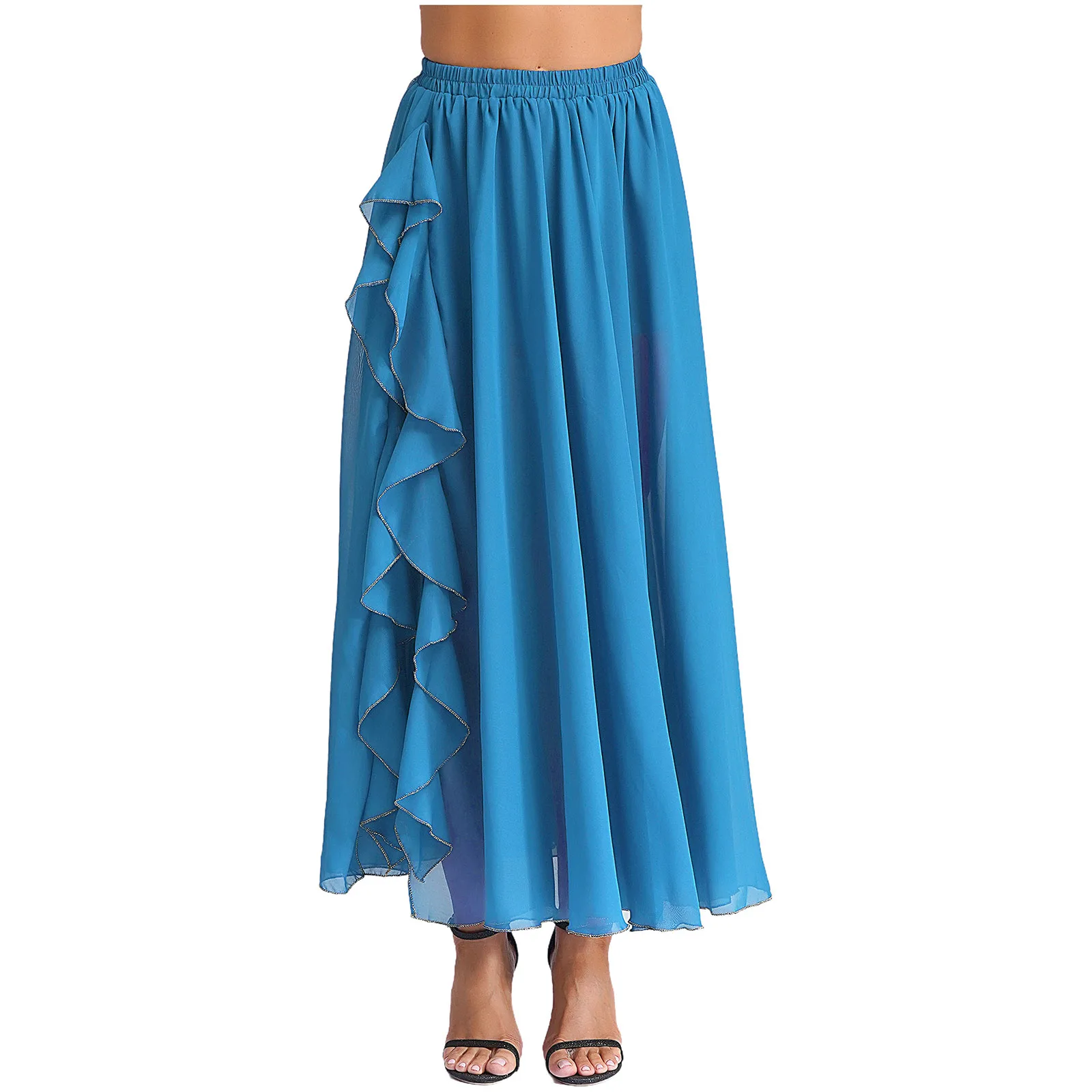 Womens Flowy Chiffon Belly Dance Skirt Elastic Waistband Cascading Ruffles Side Split Swing Skirt Ballroom Lyrical Dance Costume