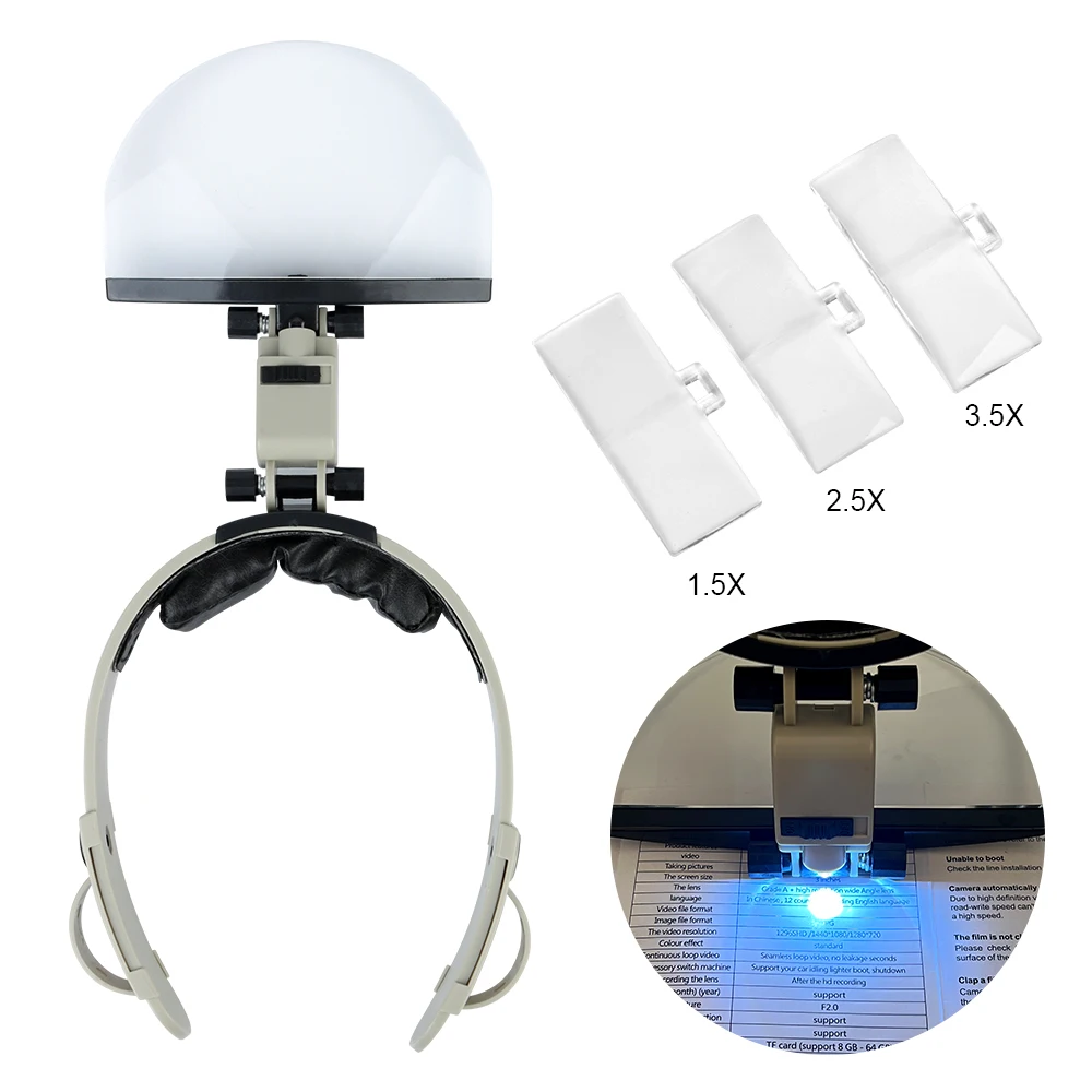 LED Magnifier Optical Lens Helmet Magnifying Glasses 4Pcs Lens For Reading Embroidery Maintenance Head-mounted